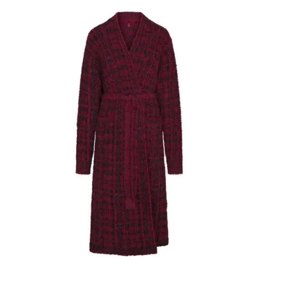 Skims Boucle Knit Robe Sold Out Merlot Navy  Plaid Long Wrap Cardigan XXS/XS